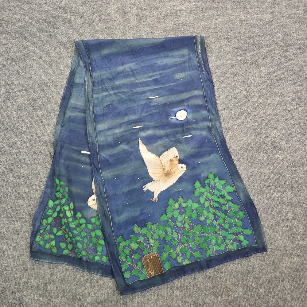 Hand painted silk scarf one of a kind Barn Owl Nature Signed 65X15 Handmade
